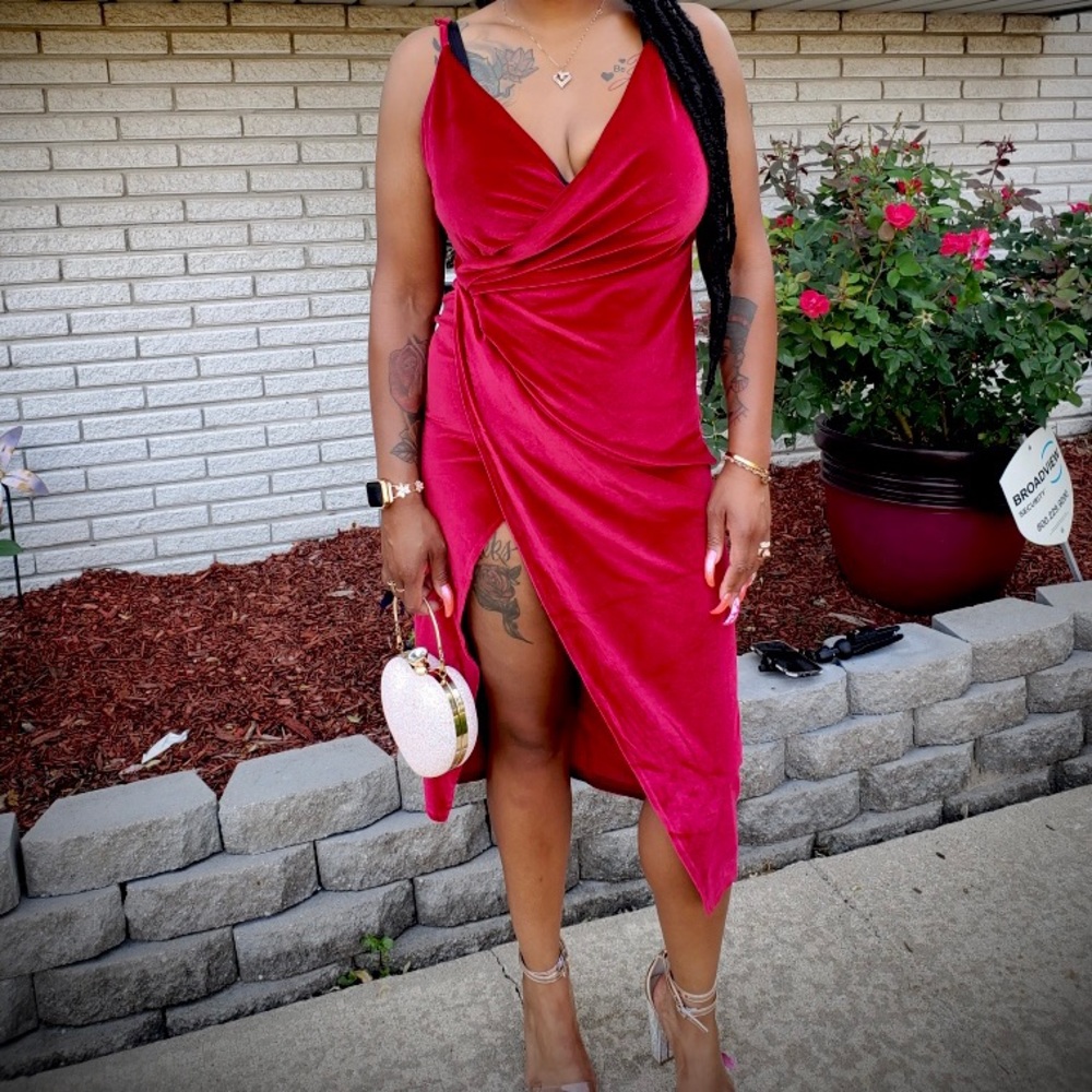 Burgundy velvet wrap cami dress